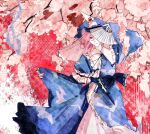  1girl black_ribbon blue_bow blue_headwear blue_kimono bow branch cherry_blossoms closed_mouth cowboy_shot folding_fan frilled_kimono frills hair_between_eyes hand_fan hat highres holding holding_fan japanese_clothes kimono long_bangs long_sleeves looking_at_viewer mob_cap neck_ribbon oiviie one_eye_covered pink_eyes pink_hair pink_nails red_background ribbon saigyouji_yuyuko short_hair smile solo touhou triangular_headpiece waist_bow wide_sleeves 