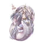  1girl absurdres breasts cleavage closed_eyes echidna_(granblue_fantasy) elbow_gloves gloves granblue_fantasy grey_gloves grey_hair highres kawarage lamia long_hair monster_girl navel scales simple_background smile solo white_background 