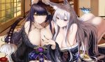  2girls absurdres all_fours animal_ear_fluff animal_ears ass azur_lane bare_shoulders black_kimono black_nails blue_butterfly breasts bug butterfly cleavage collarbone detached_collar english_commentary facial_mark first_one14 fox_ears fox_girl fur-trimmed_kimono fur_trim gem gold_trim hand_on_own_chest hanging_breasts highres huge_breasts indoors japanese_clothes jewelry kimono long_hair magatama magatama_necklace multiple_girls musashi_(azur_lane) nail_polish necklace purple_eyes purple_gemstone purple_hair sheath sheathed shinano_(azur_lane) siblings sisters slit_pupils very_long_hair whisker_markings white_hair yellow_eyes 