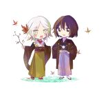  2others alternate_eye_color androgynous black_eyes black_hair black_haori black_kimono black_sash black_sleeves blue_hakama blush_stickers branch checkered_clothes checkered_kimono chibi enraku_tsubakura flower green_kimono hair_between_eyes hair_flower hair_ornament hakama haori highres holding holding_branch houlen_yabusame japanese_clothes kimono len&#039;en long_sleeves multiple_others mxx33 no_nose obi obijime open_mouth other_focus red_flower sandals sash smile socks white_hair white_socks wide_sleeves yellow_eyes 