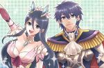  1boy 1girl :d aoi_itsuki arm_up armor ascot bare_shoulders blue_eyes blue_hair breasts cape choker cleavage closed_mouth detached_sleeves facial_mark fire_emblem hair_between_eyes idol large_breasts long_hair long_sleeves looking_at_viewer mcc_msbt open_mouth oribe_tsubasa short_hair smile teeth tokyo_mirage_sessions_fe twitter_username upper_body upper_teeth_only white_ascot 