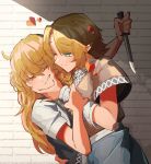  2girls arm_warmers black_vest blonde_hair blush brick_wall brown_shirt closed_mouth cookie_(touhou) cowboy_shot grabbing_another&#039;s_chin green_eyes hair_between_eyes hand_on_another&#039;s_chin heart highres holding holding_another&#039;s_wrist holding_knife joker_(cookie) kirisame_marisa knife long_bangs long_hair looking_at_another medium_bangs mizuhashi_parsee multiple_girls odoro_(nicoseiga81184094) one_eye_closed orange_eyes pointy_ears shirt short_hair short_sleeves smile suzu_(cookie) touhou unusually_open_eyes vest yuri 