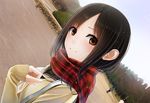  black_hair brown_eyes day dutch_angle from_side kentaurosu long_hair long_sleeves looking_at_viewer looking_to_the_side original outdoors plaid plaid_scarf red_scarf sailor_collar scarf short_hair sky smile solo_focus sweater tree upper_body 