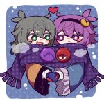  2girls :&gt; black_hairband blue_background blue_gloves blue_shirt blush bright_pupils fang fingerless_gloves frilled_sleeves frills gloves green_eyes green_hair hair_between_eyes hair_ornament hairband happy heart heart_hair_ornament holding holding_hands komeiji_koishi komeiji_satori long_hair long_sleeves medium_hair multiple_girls nose_blush open_mouth purple_eyes purple_hair purple_scarf red_eyes red_gloves scarf shirt siblings simple_background sisters skin_fang smile snow snowing third_eye tongue tongue_out touhou two-tone_background white_background white_pupils wide_sleeves yellow_shirt zunusama 