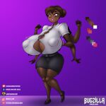 5_fingers 6_arms absurd_res anthro arachnid arthropod belt big_breasts bottomwear breasts brown_body brown_hair bugzilla clothing color_swatch dress_shirt female fingers footwear hair hair_bun hi_res huge_breasts lips multi_arm multi_limb nipple_outline pink_lips purple_background red_eyes shirt shoes short_hair simple_background skirt solo spider text thick_thighs topwear url wardrobe_malfunction wide_hips