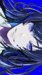  1girl ado_(utaite) blue_background blue_eyes blue_hair chando_(ado) clenched_teeth cloud_nine_inc commentary hariiiiito10 highres long_hair looking_at_viewer mole mole_under_eye portrait sideways simple_background solo teeth utaite 