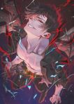  1boy abs bad_face belial_(granblue_fantasy) belt bishounen black_jacket broken_glass brown_hair chromatic_aberration collarbone commentary electricity evil_grin evil_smile feather_boa glass granblue_fantasy grin hair_between_eyes head_tilt highres jacket looking_up male_focus open_clothes open_jacket pants parted_bangs pectorals powering_up red_eyes sakuraba_taku short_hair smile solo_focus spiked_hair topless_male 