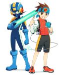  2boys arm_blade between_fingers black_shorts blue_bodysuit blue_footwear blue_headband blue_headwear bodysuit boots brown_eyes brown_hair digital_dissolve green_eyes grin headband helmet highres holding kusumoto_shizuru lan_hikari_(mega_man) male_focus mask mega_man_(series) mega_man_battle_network_(series) mega_man_battle_network_4 megaman.exe mouth_mask multiple_boys orange_footwear orange_vest shirt shoes shorts simple_background smile standing vest weapon white_background white_shirt 