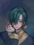  1boy akatsuki_no_yona bad_id bad_twitter_id blue_background blue_eyes close-up commentary_request earrings green_hair hair_over_one_eye hand_on_own_chin jae-ha_(akatsuki_no_yona) jewelry korean_commentary looking_to_the_side low_ponytail male_focus ponytail simple_background solo yona_hyeon 