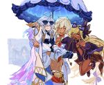  2boys 2girls ahoge animal_ear_hairband animal_ears blonde_hair blue_eyes blush bow breasts brick_wall bright_pupils cape cat_ear_hairband cat_ears chain chained closed_eyes dark_skin dress fake_animal_ears flat_chest floating floating_hair goggles goggles_on_head granblue_fantasy hair_between_eyes hairband harvin helel_ben_shalem highres holding holding_umbrella jacket jacket_on_shoulders lancelot_(granblue_fantasy) long_braid long_sleeves lucio_(overwatch) messy_hair multiple_boys multiple_girls official_alternate_costume open_clothes open_jacket oversized_clothes see-through size_difference sketch small_breasts smile star-shaped_pupils star_(symbol) sundress sunglasses symbol-shaped_pupils tan topless_male umbrella v wahoosandalphon wamdus_(granblue_fantasy) white_background white_hair white_pupils wide_sleeves 