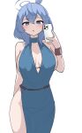  1girl :o absurdres ako_(blue_archive) ako_(dress)_(blue_archive) bare_shoulders blue_archive blue_choker blue_dress blue_eyes blue_hair blue_halo blush breasts cellphone center_opening choker cowboy_shot cuffs dress hair_between_eyes halo halter_dress halterneck highres holding holding_phone large_breasts long_hair looking_at_viewer no_panties official_alternate_costume phone plunging_neckline ringda sash selfie shackles side_slit sideboob sideless_dress simple_background sleeveless sleeveless_dress smartphone solo taking_picture white_background 