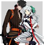  1boy 1girl aqua_eyes belt black_eyes black_hair black_pants bodysuit border breasts brown_jacket buttons closed_mouth fate/grand_order fate/samurai_remnant fate_(series) green_ribbon grey_background hair_over_one_eye hair_ribbon height_difference jacket katana long_hair looking_at_viewer messy_hair miyamoto_iori_(fate) official_alternate_costume one_eye_covered orange_belt outside_border pants pirohi_(pirohi214) ponytail ribbon short_ponytail signature simple_background small_breasts smile standing standing_on_one_leg sword weapon white_border white_hair yui_shousetsu_(fate) yui_shousetsu_(first_ascension)_(fate) 