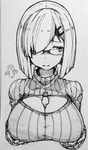  absurdres between_breasts blush breasts cleavage cleavage_cutout glasses greyscale hair_ornament hair_over_one_eye hairclip hamakaze_(kantai_collection) highres huge_breasts kantai_collection kei_(soundcross) meme_attire monochrome open-chest_sweater short_hair sketch solo sweater 