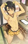  arms_up barefoot black_eyes black_hair bulge calendar_(object) coin_rand from_above jewelry kneeling kotatsu looking_at_viewer male_focus navel necklace nipples no_pants oni original shirtless solo table underwear underwear_only 