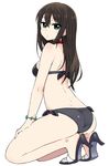 ass bikini black_bikini blush breasts brown_hair chan_co collar earrings feet full_body green_eyes hands_on_lap hands_on_thighs high_heels idolmaster idolmaster_cinderella_girls jewelry kneeling long_hair looking_at_viewer open_toe_shoes parted_lips sandals shibuya_rin shoes side-tie_bikini simple_background small_breasts solo swimsuit toes white_background 