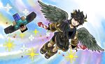  2boys ahoge angel angel_wings armlet black_scarf blue_sky dark_pit elytra_(minecraft) holding kicdon kid_icarus kid_icarus_uprising laurel_crown male_focus minecraft multiple_boys red_eyes scarf sky steve_(minecraft) super_smash_bros. wings 