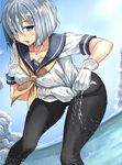  breasts downscaled gloves hair_ornament hairclip hamakaze_(kantai_collection) highres kantai_collection kinntarou large_breasts md5_mismatch pantyhose resized school_uniform serafuku short_hair silver_hair solo wet wet_clothes 