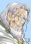  1boy beard blue_background cape close-up commentary_request dated facial_hair kokorozashi looking_at_viewer looking_back loose_hair_strand medium_hair one_piece scar scar_across_eye silvers_rayleigh simple_background smile solo v-shaped_eyebrows white_cape white_hair 