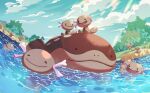 afloat clodsire closed_mouth cloud commentary day evolutionary_line grass highres no_humans outdoors paldean_wooper pokemon pokemon_(creature) riding riding_pokemon sky smile tree water yono_999 
