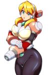  1girl :o absurdres alia_(mega_man) android arm_cannon armor black_bodysuit blonde_hair blue_eyes bodysuit breasts cleavage commentary_request covered_navel cowboy_shot gloves hair_between_eyes hair_over_shoulder headphones highres kotatuman_dash large_breasts long_hair looking_at_viewer mega_man_(series) mega_man_x_(series) open_mouth pink_armor robot_ears see-through see-through_cleavage sidelocks simple_background solo standing weapon white_background white_gloves 