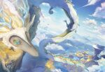  bird blonde_hair cloud dragon dragon_horns eastern_dragon eyelashes floating_island flying horns light_dragon_(zelda) link looking_at_another mountainous_horizon scenery sitting spines sword sword_on_back the_legend_of_zelda the_legend_of_zelda:_tears_of_the_kingdom weapon weapon_on_back yon_yosi 