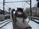  1girl :d animal_ears black_hair blush cat_ears cat_girl earphones full-face_blush gloves grey_eyes half-closed_eyes hand_up highres house kibishiihiekomi looking_at_viewer original outdoors overhead_line poncho power_lines procreate_(medium) railroad_signal railroad_tracks smile snow snowing solo standing teeth twintails upper_teeth_only utility_pole winter 