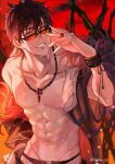  1boy abs belial_(granblue_fantasy) belial_(summer)_(granblue_fantasy) bishounen bracelet brown_hair cross cross_necklace feathers glasses granblue_fantasy groin hair_between_eyes hand_on_own_face highres jewelry looking_at_viewer male_focus male_swimwear messy_hair muscular muscular_male necklace official_alternate_costume pectorals red_background red_eyes ring sakuraba_taku short_hair signature smile solo_focus sunglasses swim_briefs swimsuit topless_male 