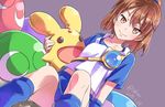  arle_nadja brown_eyes brown_hair carbuncle_(puyopuyo) half_updo highres isedaichi_ken looking_at_viewer madou_monogatari puyo_(puyopuyo) puyopuyo stuffed_toy 