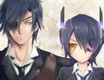  1girl black_hair cardigan crossover eyepatch formal headgear kantai_collection nagare necktie purple_hair shokudaikiri_mitsutada short_hair sideways_glance smile suit tenryuu_(kantai_collection) touken_ranbu trait_connection uniform yellow_eyes 