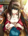  blue_eyes book breasts brown_hair collarbone cup hairband idolmaster idolmaster_cinderella_girls jewelry jpeg_artifacts long_hair looking_at_viewer medium_breasts off-shoulder_sweater official_art open_mouth pendant sagisawa_fumika solo sweater tea teacup 