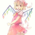  1girl ascot blonde_hair bow clenched_hand commentary crystal fang flandre_scarlet hat hat_bow inuko_(ink0425) looking_at_viewer mob_cap multicolored_wings open_mouth puffy_short_sleeves puffy_sleeves red_bow red_eyes red_vest short_hair short_sleeves simple_background skin_fang skirt skirt_set smile solo touhou vest white_background wings yellow_ascot 