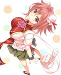  ashu bandages breasts bun_cover cuffs detached_hand double_bun flower huge_breasts ibaraki_kasen impossible_clothes impossible_shirt pink_eyes pink_flower pink_rose puffy_short_sleeves puffy_sleeves red_hair rose shackles shirt short_sleeves skirt smile solo tabard touhou 