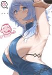  1boy 1girl absurdres ako_(blue_archive) ako_(dress)_(blue_archive) arm_up armpits backless_dress backless_outfit blue_archive blue_dress blue_eyes blue_hair blush breasts closed_mouth commentary doodle_sensei_(blue_archive) dress hair_between_eyes halo highres large_breasts long_hair micchan_(micchanmeido) official_alternate_costume sensei_(blue_archive) sideboob simple_background sleeveless sleeveless_dress thumbs_up white_background 