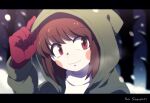  1other arm_up black_border blurry blurry_background border branch brown_hair chara_(undertale) closed_mouth english_commentary forest gloves green_hoodie hood hoodie lari-lab long_sleeves looking_at_viewer nature open_clothes open_hoodie outdoors puffy_long_sleeves puffy_sleeves red_eyes red_gloves short_hair smile snow snowing solo standing storyshift sweater tree turtleneck turtleneck_sweater undertale upper_body white_sweater 