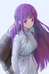  1girl absurdres blood blood_on_clothes dress expressionless fern_(sousou_no_frieren) highres kaze_22 long_hair looking_at_viewer mage_staff purple_hair purple_pupils simple_background solo sousou_no_frieren white_background white_dress 