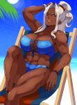  1girl abs absurdres alternate_costume armband bare_arms bare_legs barefoot beach beach_chair bikini blue_bikini breasts brown_eyes cleavage covered_nipples dark-skinned_female dark_skin fire_emblem fire_emblem_engage full_moon grey_hair high_ponytail highres jewelry large_breasts long_hair looking_at_viewer moon muscular muscular_female night ocean one_eye_closed outdoors palm_tree ponytail ring saphir_(fire_emblem) sky smile solo star_(sky) starry_sky swimsuit tetsuji_(i_ttj_f_c) tree 