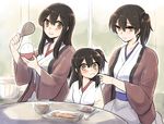  akagi_(kantai_collection) blush_stickers bowl brown_eyes brown_hair fish food food_on_face fukuroumori if_they_mated implied_yuri ips_cells japanese_clothes kaga_(kantai_collection) kantai_collection long_hair mother_and_daughter multiple_girls rice rice_bowl rice_on_face rice_spoon short_hair side_ponytail sitting younger 