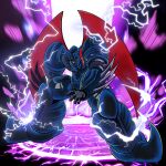  arm_blade armor aura ayachu_(getter_robo_artist) black_background blue_armor blue_eyes colored_sclera energy getter_robo getter_robo_(1st_series) god_getter highres horns joints lightning looking_at_viewer magic_circle mecha mechanical_horns mechanical_wings ornate_armor purple_lightning red_stripes red_wings robot robot_joints shin_getter_robo_vs_neo_getter_robo spikes super_robot weapon wings yellow_sclera 