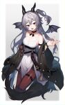  1girl absurdres black_jacket border bracelet breasts cleavage commentary dragon_girl dragon_horns dragon_tail dragon_wings dress english_commentary feet_out_of_frame grey_background grey_eyes grey_hair hair_between_eyes highres horns jacket jewelry kino_(m6t2a) long_hair looking_at_viewer medium_breasts nail_polish off_shoulder one_side_up open_mouth original pantyhose red_nails red_pantyhose sideboob simple_background sleeveless sleeveless_dress smile solo tail thigh_strap white_dress wings 