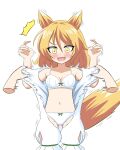  1girl animal_ears blonde_hair blush fox_ears fox_girl fox_tail green_ribbon hands_up highres kudamaki_tsukasa medium_hair navel open_mouth panties ribbon romper surprised tail torn_clothes touhou underwear white_panties white_romper yellow_eyes zenji029 