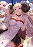  1girl :d =_= anila_(granblue_fantasy) arm_up armpits blonde_hair blunt_bangs blush_stickers breasts brown_eyes cape cleavage cowboy_shot curled_horns daweykun draph fur_trim gloves granblue_fantasy highres horns large_breasts long_hair pleated_skirt sheep sheep_horns short_eyebrows sidelocks skirt sky smile solo sparkle teeth thighhighs upper_teeth_only white_gloves 