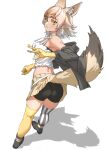  1girl animal_ear_fluff animal_ears ass asymmetrical_legwear bare_shoulders bike_shorts bike_shorts_under_skirt black_footwear black_jacket boots breasts commentary coyote_(kemono_friends) extra_ears from_behind full_body gloves gradient_hair highres jacket kemono_friends leaning_forward light_brown_hair looking_at_viewer looking_back medium_breasts medium_hair mismatched_legwear multicolored_hair neck_ribbon off_shoulder open_clothes open_jacket orange_eyes parted_lips ribbon shadow shirt simple_background skirt solo standing striped_clothes striped_thighhighs tail tanabe_(fueisei) thighhighs vertical-striped_clothes vertical-striped_thighhighs white_background white_hair white_ribbon white_shirt wolf_ears wolf_girl wolf_tail yellow_gloves yellow_theme 