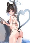  1girl animal_ears ass bikini black_bikini black_eyes black_hair blue_archive breasts cat_ears from_behind halo heart_tail_duo highres katsushika_pachi kikyou_(blue_archive) looking_at_viewer looking_back medium_breasts multiple_tails short_hair side-tie_bikini_bottom solo standing swimsuit tail two_tails 