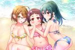  ahoge beach bikini blue_hair breasts brown_hair frilled_bikini frills glasses green_eyes hair_ornament hairpin hand_on_own_cheek hand_on_own_face headband idolmaster large_breasts looking_at_viewer multiple_girls polka_dot polka_dot_bikini ponytail short_twintails suzunari_ichigo_(rokkencyaya) swimsuit twintails 