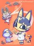  1boy 2girls :&lt; :d ^_^ animal_crossing ankha_(animal_crossing) anniversary arm_behind_back arm_up bandages black_hair blonde_hair blunt_bangs blush blush_stickers bonbon_(animal_crossing) cat_girl closed_eyes closed_mouth commentary_request dog_boy dress egyptian_clothes expressionless eyelashes flying_saucer furry furry_female furry_male hand_up highres kopa_nishikida looking_at_viewer lucky_(animal_crossing) multiple_girls nemes one_eye_covered open_mouth orange_background pyramid_(structure) rabbit_girl scorpion short_hair simple_background sleeveless sleeveless_dress smile spacecraft ufo uraeus usekh_collar white_dress yellow_eyes 