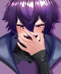  1boy absurdres black_nails blue_eyes blush commentary drop_shadow english_commentary hair_between_eyes half-closed_eyes hand_focus highres hmmmanon indie_virtual_youtuber male_focus open_mouth portrait purple_background purple_hair purple_theme sharp_teeth short_hair shoto_(vtuber) simple_background skin_tight sleeves_past_wrists solo teeth tsurime upper_teeth_only v-shaped_eyebrows virtual_youtuber 