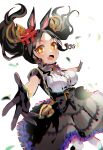  +_+ 1girl absurdres animal_ears black_gloves black_hair blush breasts center_frills commentary_request cowboy_shot fang frills gloves hair_ornament highres horse_ears horse_girl huge_breasts large_breasts long_hair looking_at_viewer marvelous_sunday_(umamusume) nikotomiko025 open_mouth outstretched_arm partial_commentary puffy_short_sleeves puffy_sleeves short_sleeves simple_background skin_fang solo thighs twintails umamusume v white_background yellow_eyes 