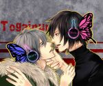  2boys akira_(togainu_no_chi) black_hair black_shirt blue_eyes character_name commentary copyright_name from_side fur-trimmed_jacket fur_trim grey_background grey_hair hair_between_eyes hand_on_another&#039;s_chin headphones jacket kiriink looking_at_another magnet_(vocaloid) male_focus multiple_boys outline profile red_eyes shiki_(togainu_no_chi) shirt short_hair sweater togainu_no_chi turtleneck turtleneck_sweater upper_body yaoi yellow_outline 