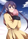  bangs blush cloud coat commentary_request day eyebrows_visible_through_hair gochuumon_wa_usagi_desu_ka? hair_between_eyes hair_ornament hairclip hands_together highres kohakugin long_hair long_sleeves looking_at_viewer mittens nose_blush outdoors purple_eyes purple_hair sky smile solo tedeza_rize twintails 