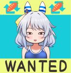  1girl animal_ears blue_one-piece_swimsuit carrot competition_school_swimsuit ear_covers grey_hair hishi_miracle_(umamusume) horse_ears horse_girl looking_at_viewer medium_hair nabe_puyo one-piece_swimsuit school_swimsuit solo swimsuit tracen_swimsuit umamusume upper_body wanted 